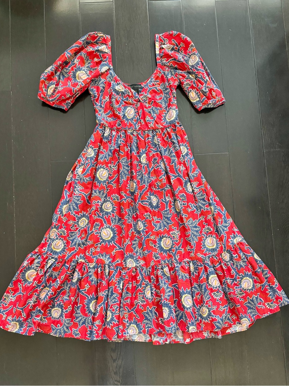 House of Harlow 1960 Red Floral Puff-Sleeve Midi Dress